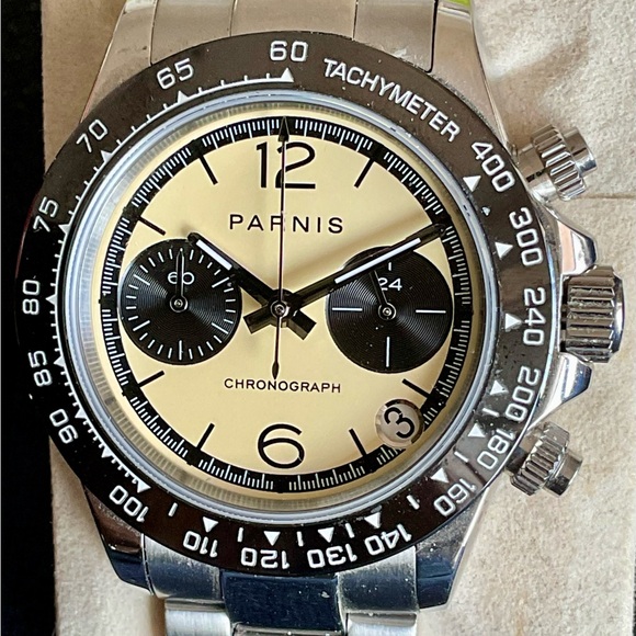 EUC Parnis 39mm Quartz Panda Chronograph w Tachymeter Date S/S Bracelet Links+ - Picture 5 of 9